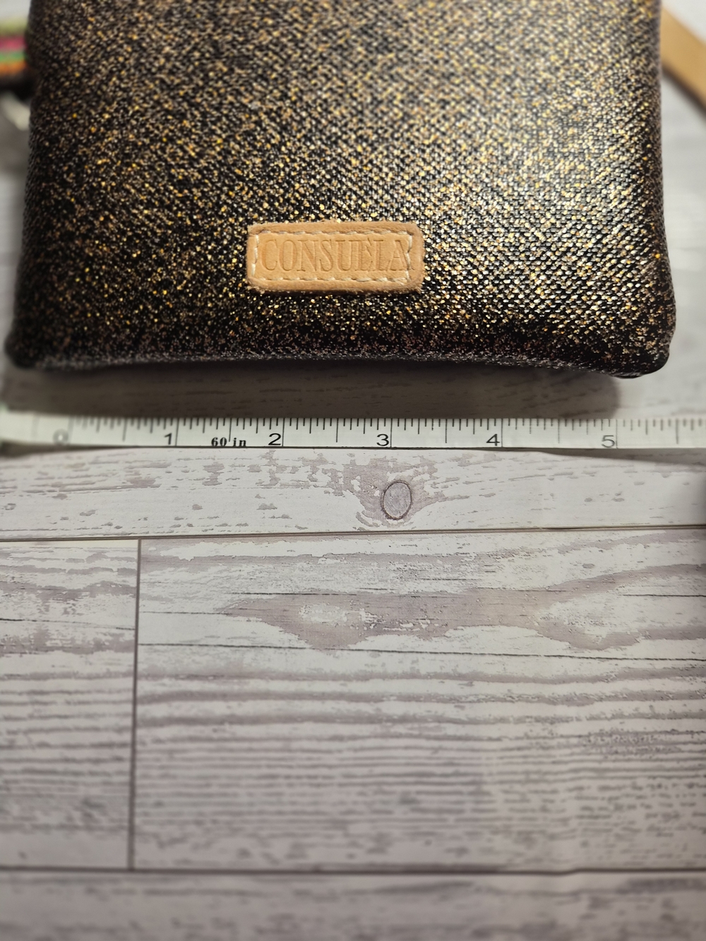 Consuela Gold Glitter Cosmetic Wristlet with Tan Trim - Picture 7 of 8